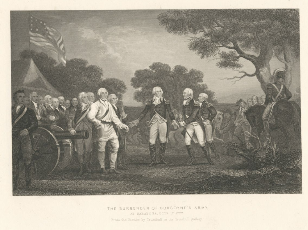 The Miriam and Ira D. Wallach Division of Art, Prints and Photographs: Print Collection, The New York Public Library. “The surrender of Burgoyne’s army at Saratoga Octr. 17, 1777.” New York Public Library Digital Collections.